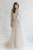 Bateau Lace Half Sleeve A Line Tulle Dress With Low V Back