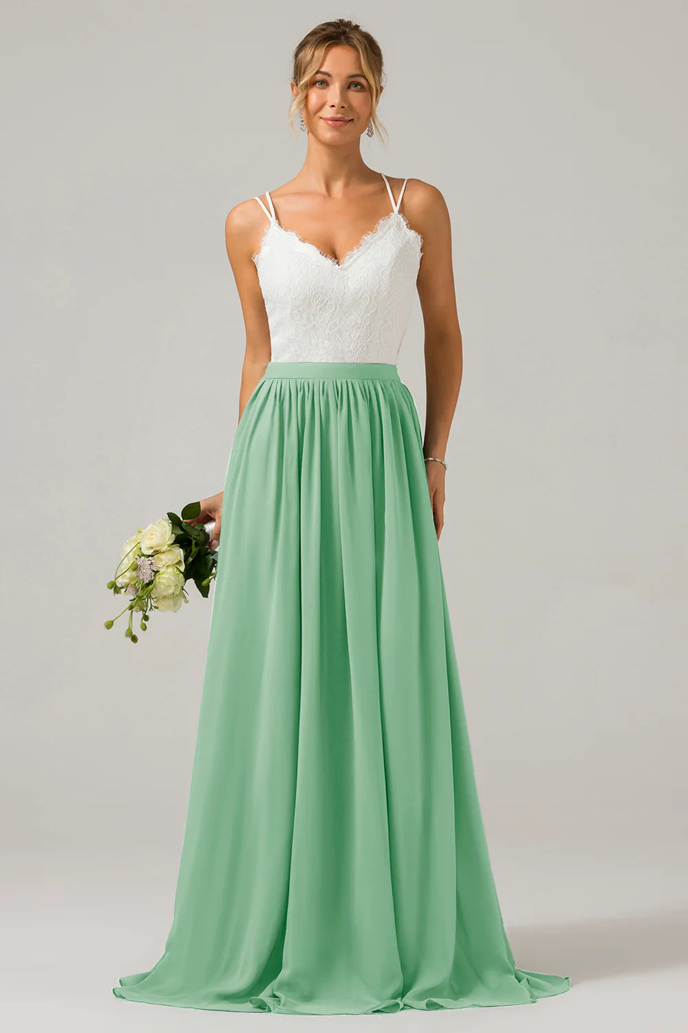 A Line Spaghetti Straps Pleated Long Bridesmaid Dress With Lace