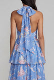 Blue Halter A Line Tiered Floral Wedding Guest Dress