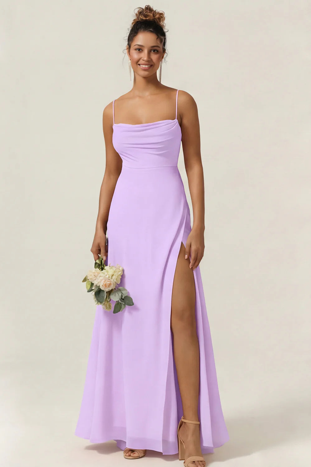 Blue Flower A Line Spaghetti Straps Chiffon Long Bridesmaid Dress with Slit