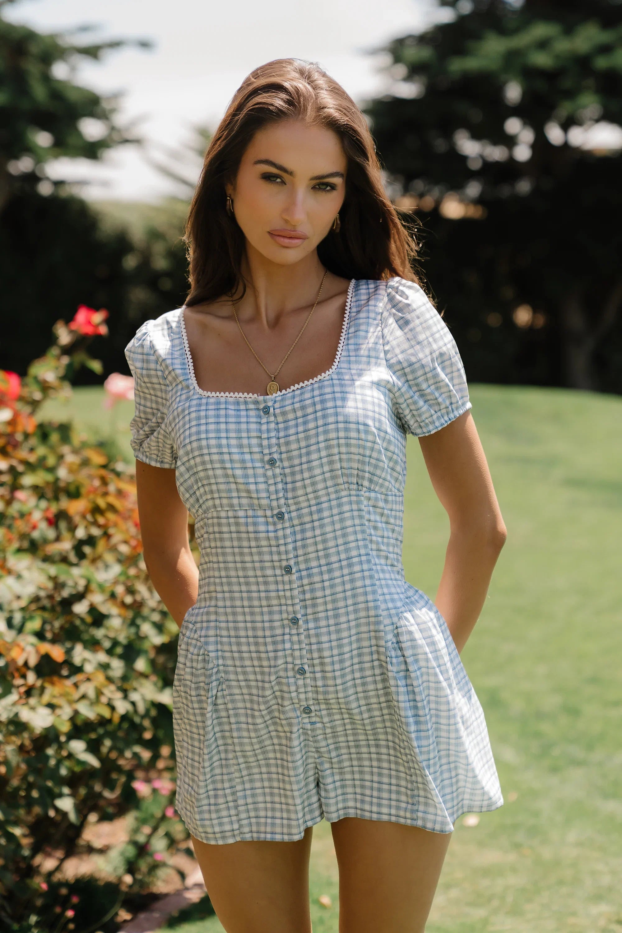 Aislynn Gingham Romper in Blue