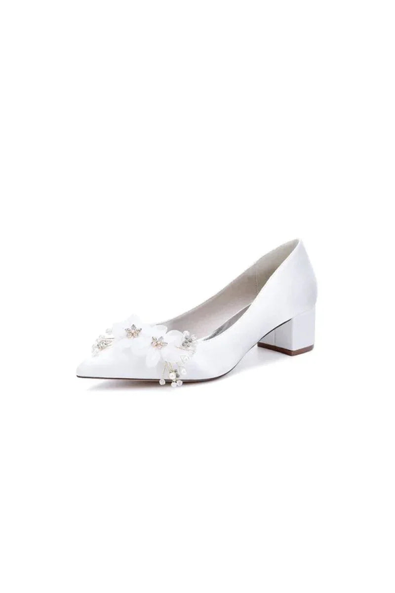 Pointed Toe Satin Slip on Chunky Wedding Shoes With Flower