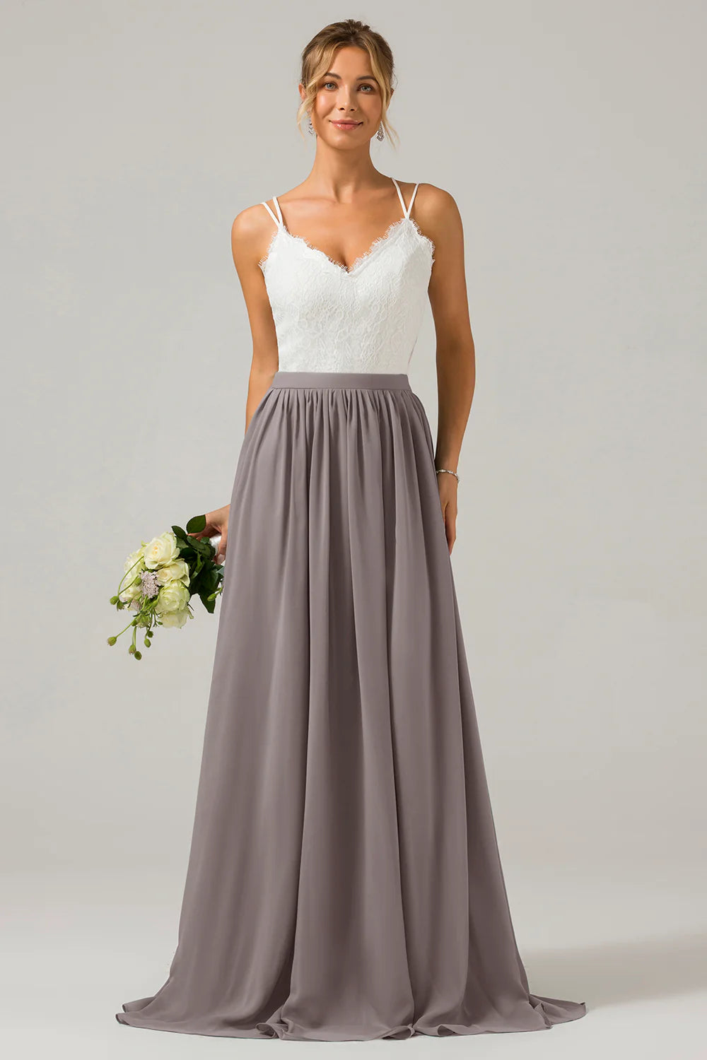 A Line Spaghetti Straps Pleated Long Bridesmaid Dress With Lace