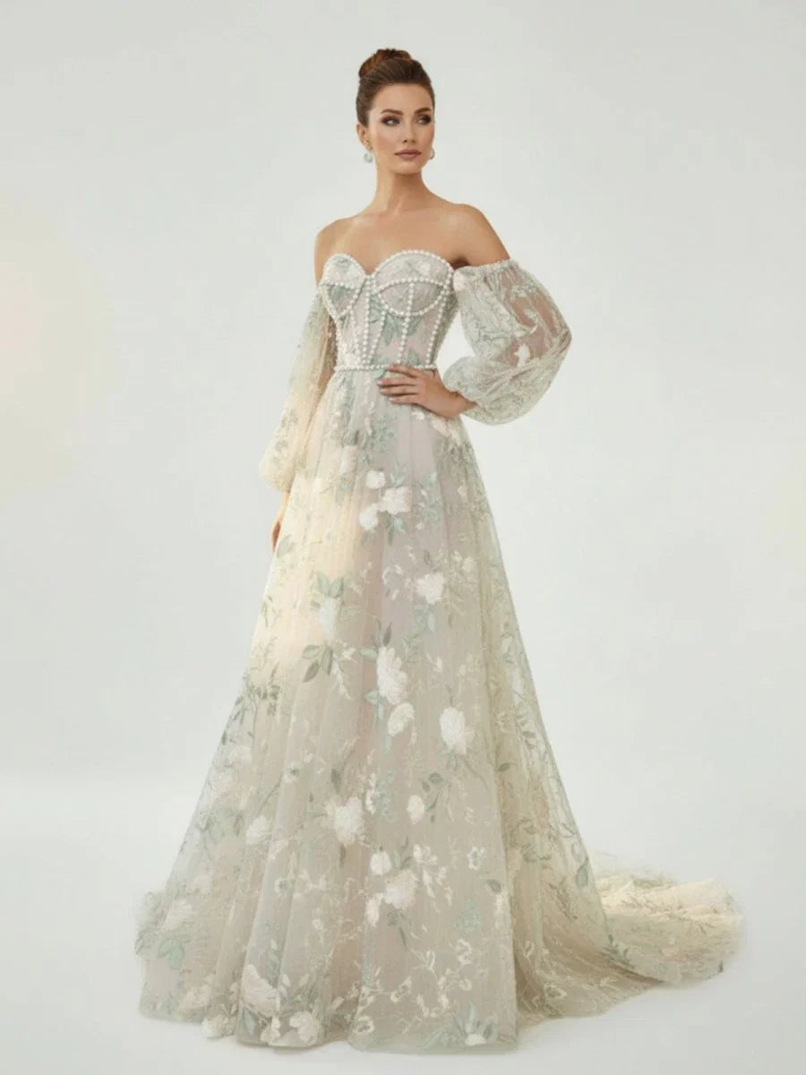 A Line Light Green Sweetheart Pearl Wedding Dress