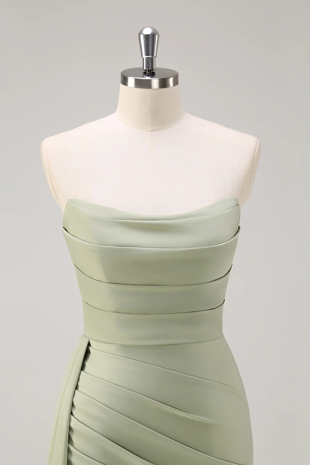 Sage Mermaid Strapless Ruched Side Overskirt Bridesmaid Dress with Slit