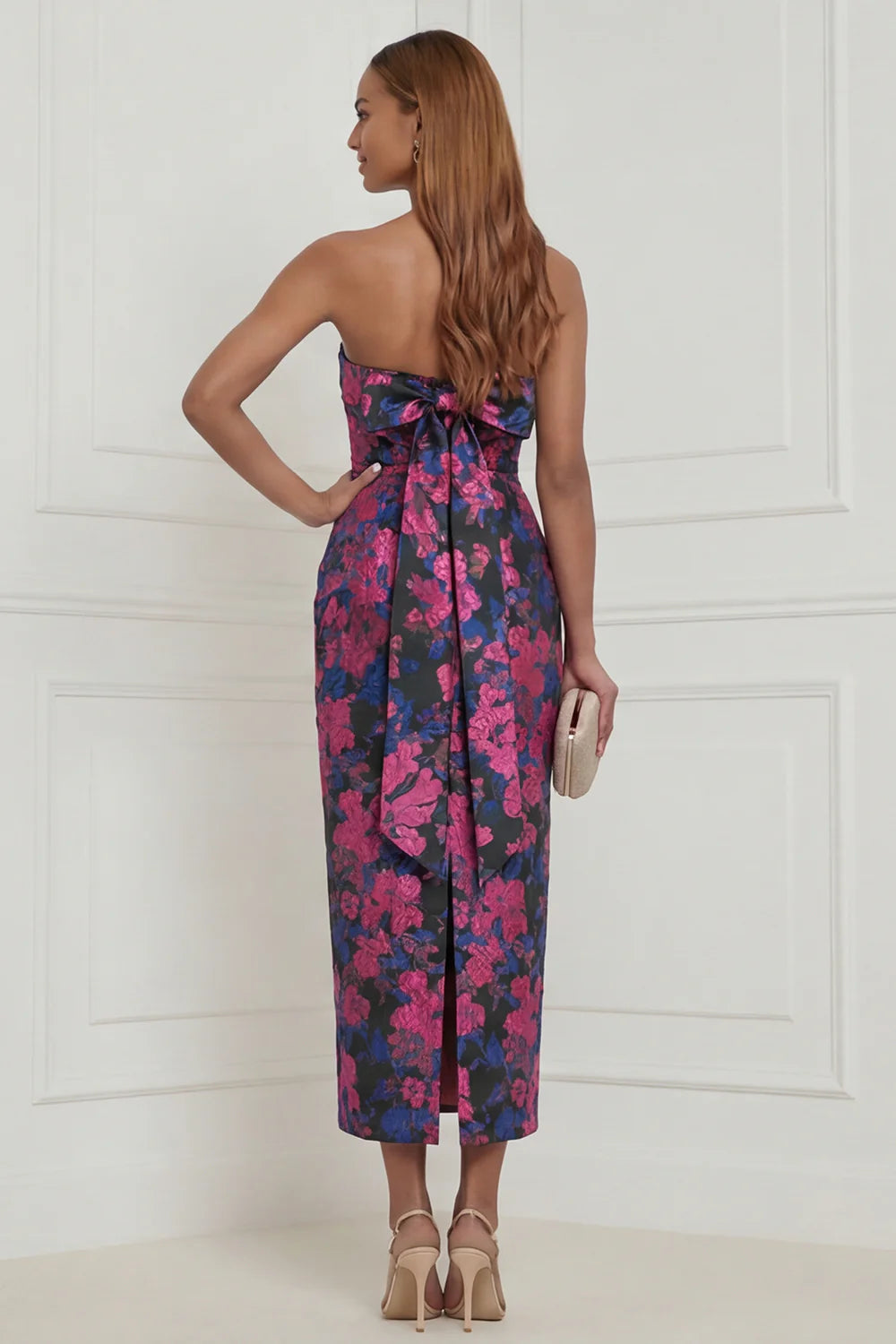 Strapless Fuchsia Sheath Floral Midi Wedding Guest Dress with Bow