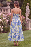 Strapless Blue Floral A Line Wedding Guest Dress with Pockets