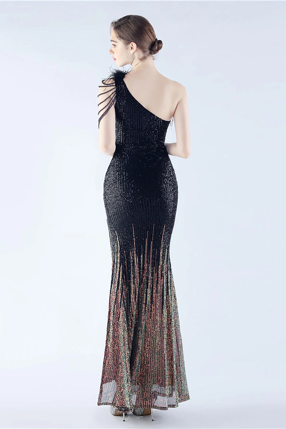 Glitter Black Bodycon Beaded Feather One Shoulder Evening Dress With Slit