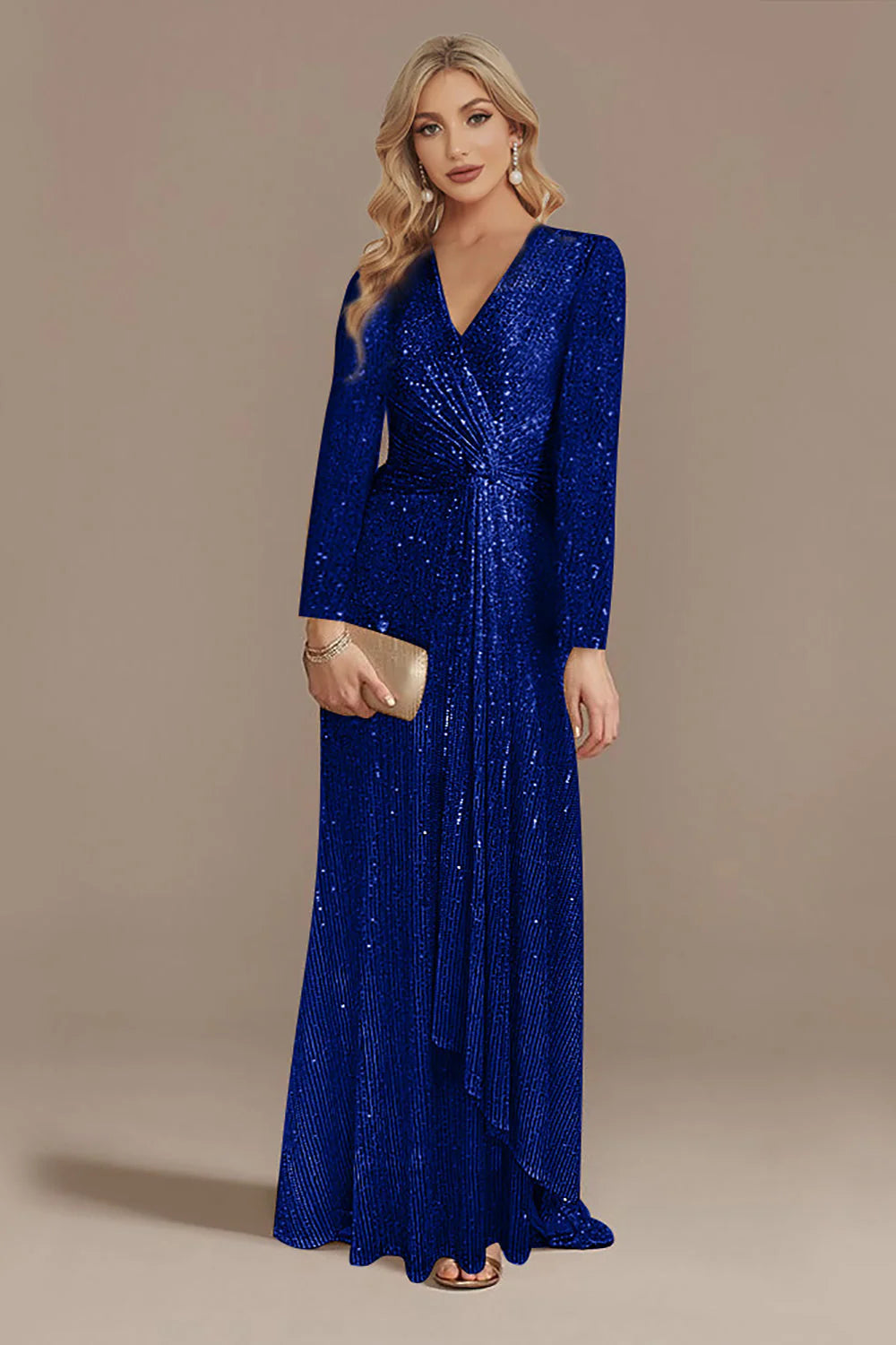 Sparkly Navy A Line V Neck Mother Of Bride Dress with Long Sleeves
