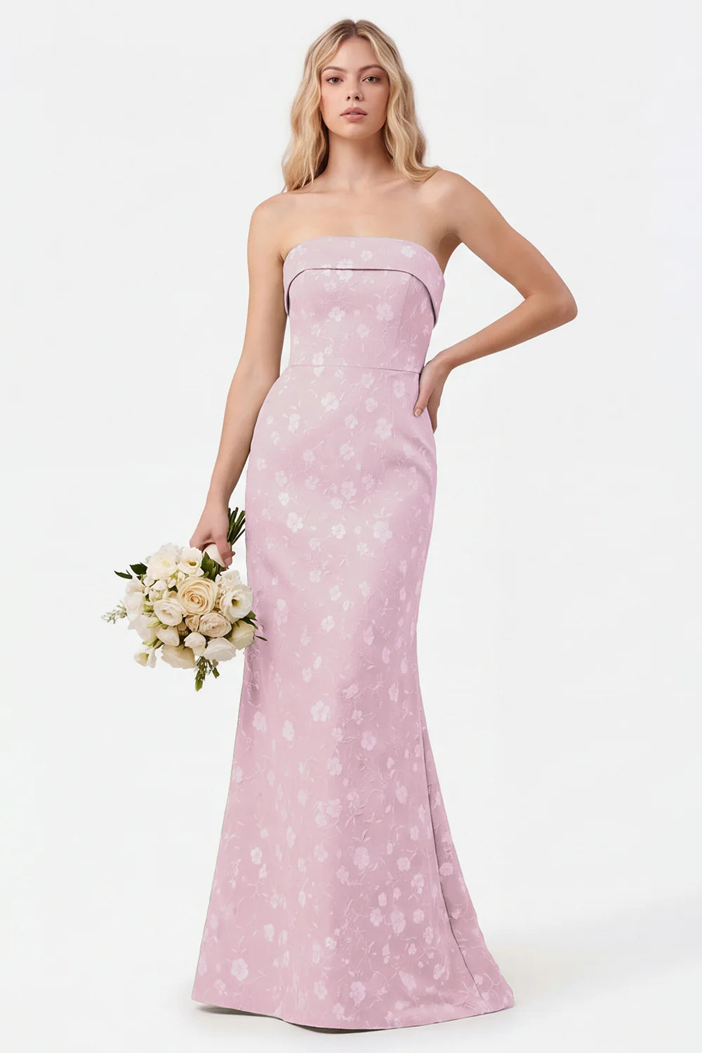 Strapless Mermaid Sage Floral Jacquard Bridesmaid Dress