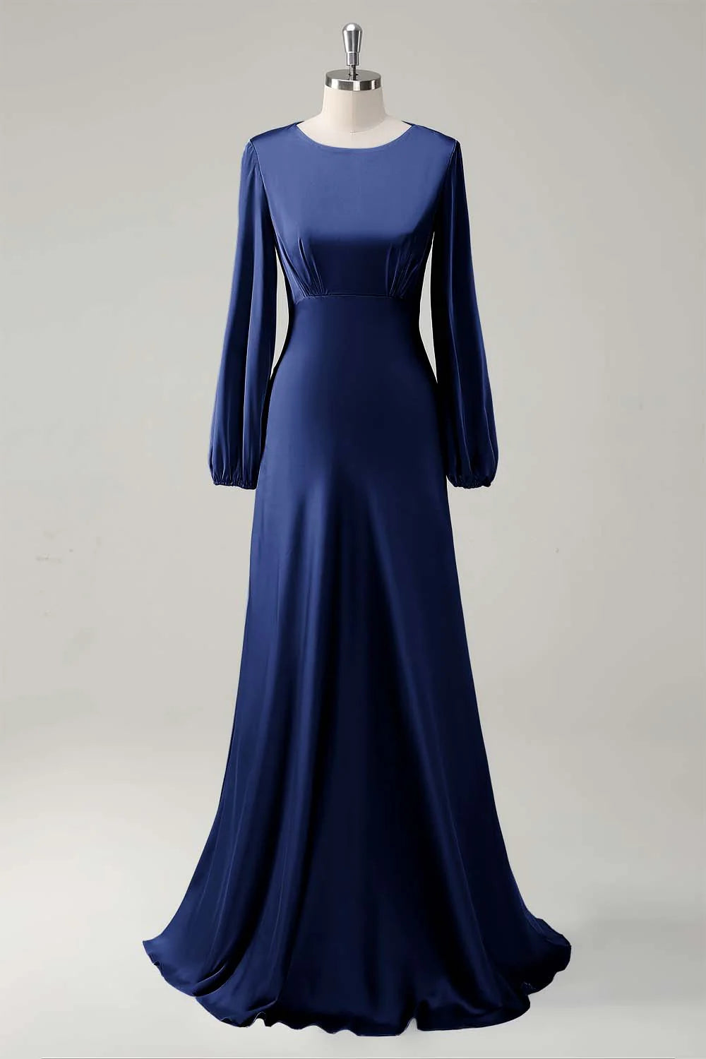 Agave A Line Round Neck Satin Long Bridesmaid Dress with Long Sleeves