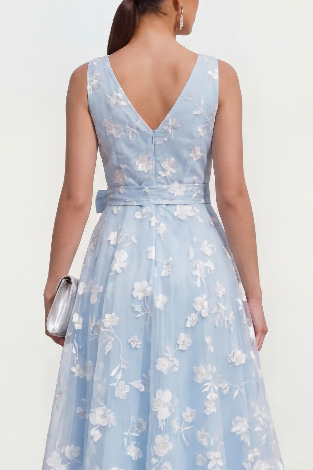 Blue Floral A Line Midi Wedding Guest Dress with Bow