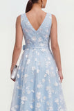 Blue Floral A Line Midi Wedding Guest Dress with Bow