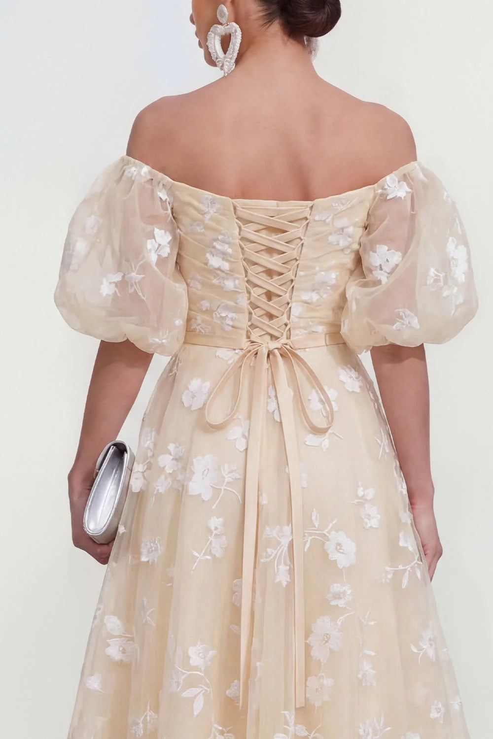 Off the Shoulder Floral Lilac Ruched A Line Wedding Guest Dress