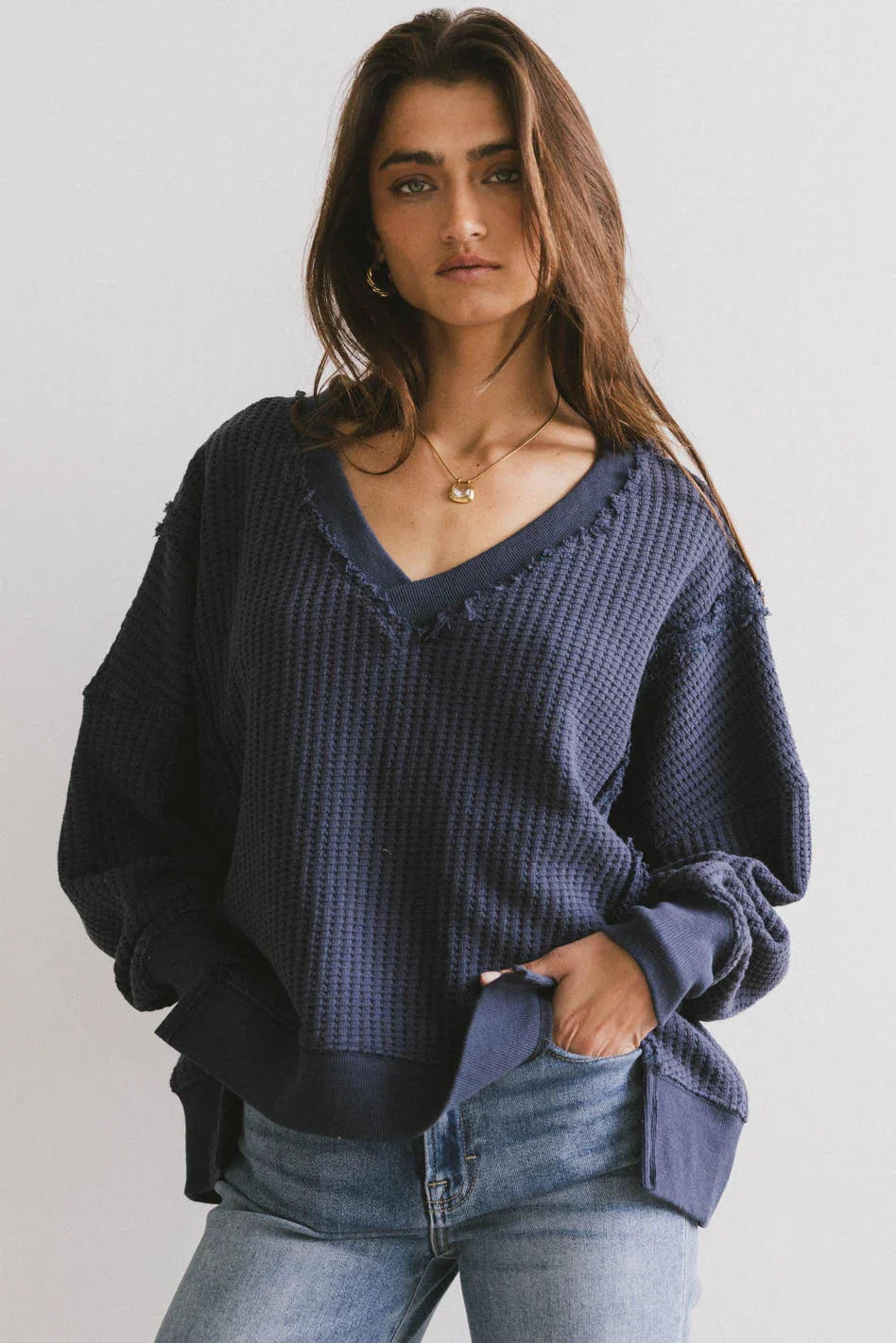 Ellis Waffle Knit Top in Navy FINAL SALE
