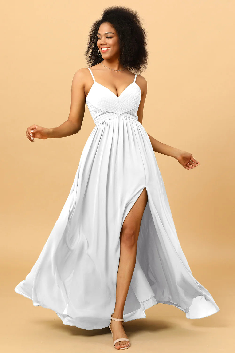 A Line Spaghetti Straps Ruched Long Chiffon Bridesmaid Dress with Slit