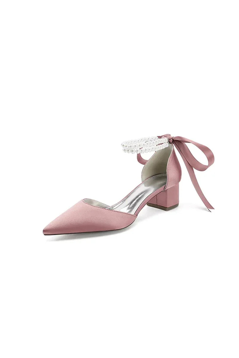 Pointed Toe Double Pearl Ankle Strap Party Shoes With Ribbon Tie
