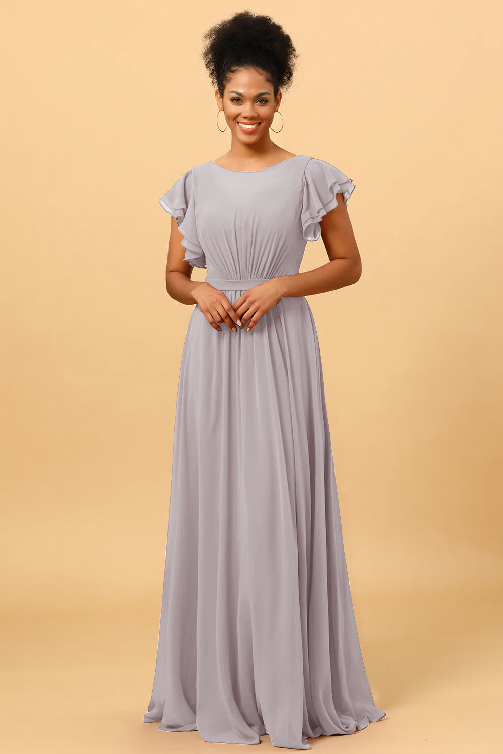 A Line Bateau Neck Ruched Long Chiffon Bridesmaid Dress with Ruffles