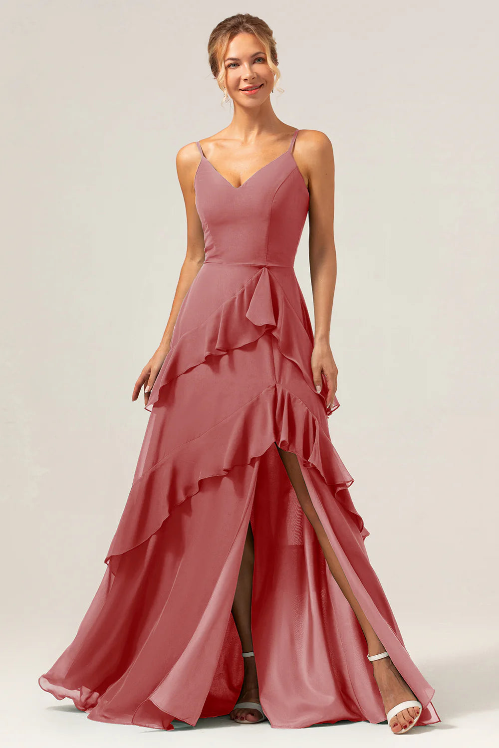 Dark Green A Line Spaghetti Straps Ruffled Chiffon Floor Length Bridesmaid Dress with Slit