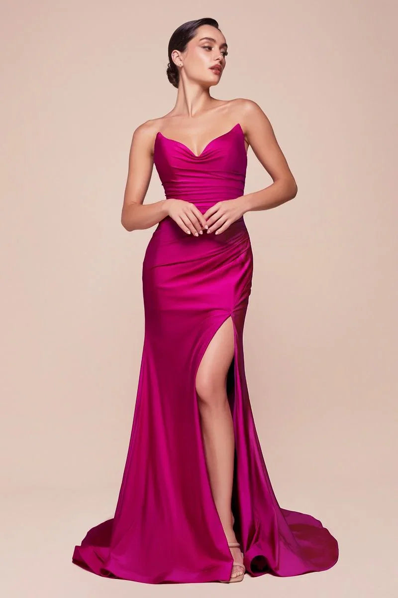 AVA POINTED V NECKLINE GOWN STRAPLESS STRETCH SPANDEX SATIN FITTED DRESS