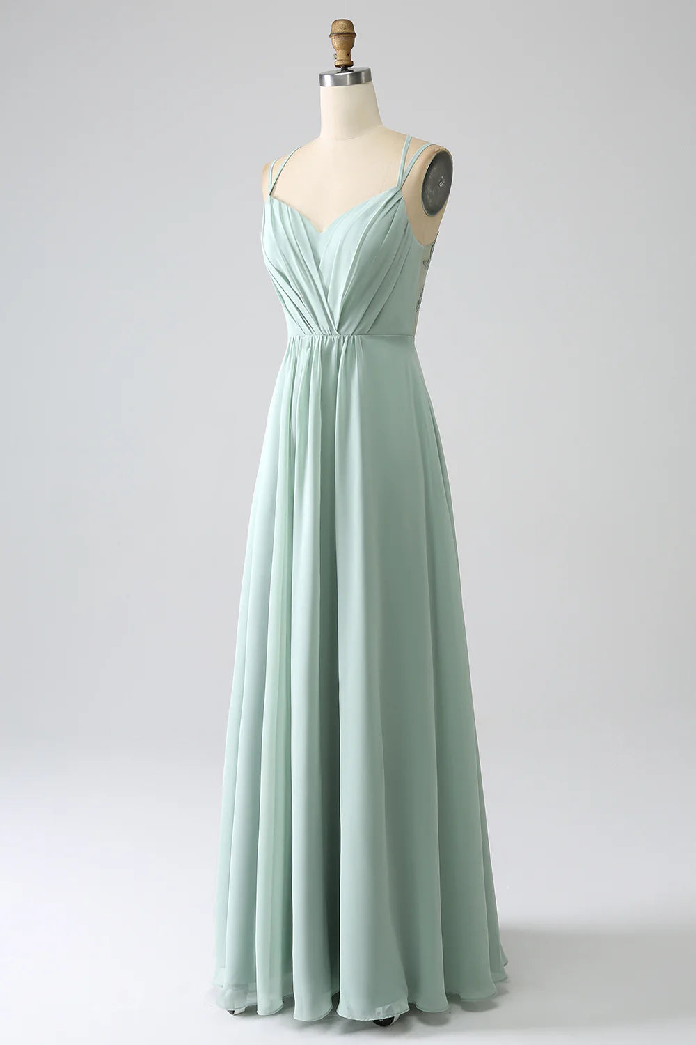 Matcha A Line Spaghetti Straps Pleated Chiffon Floor Length Bridesmaid Dress