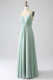 Matcha A Line Spaghetti Straps Pleated Chiffon Floor Length Bridesmaid Dress