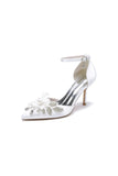 Elegant Ankle Strap White Wedding Shoes With Rhinestone Flower