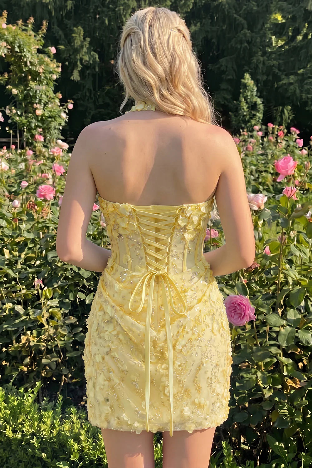 Halter Light Yellow Bodycon Corset Sequin Homecoming Dress