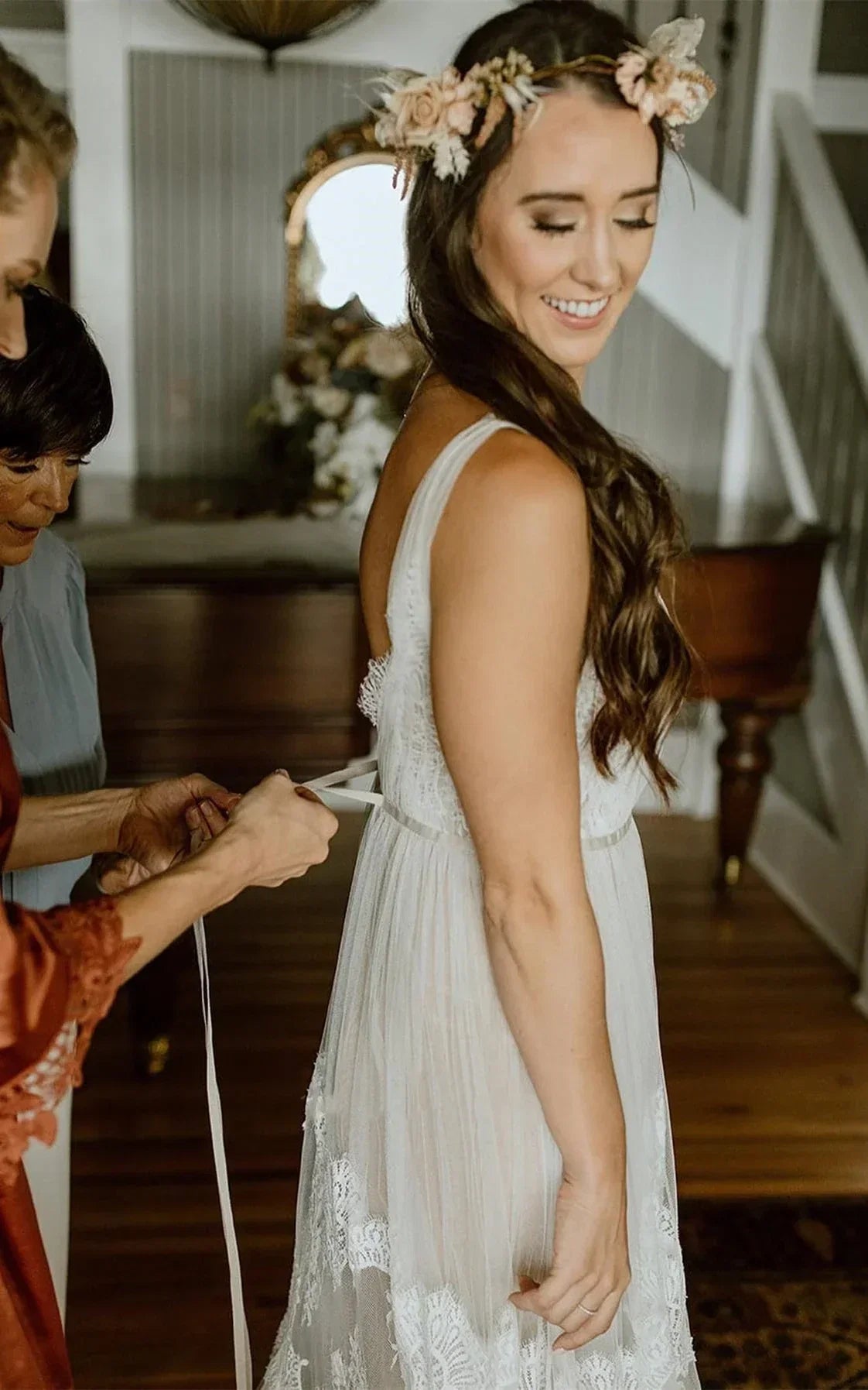 A Line Lace Bohemian V neck Wedding Dress With Low V Back And Appliques