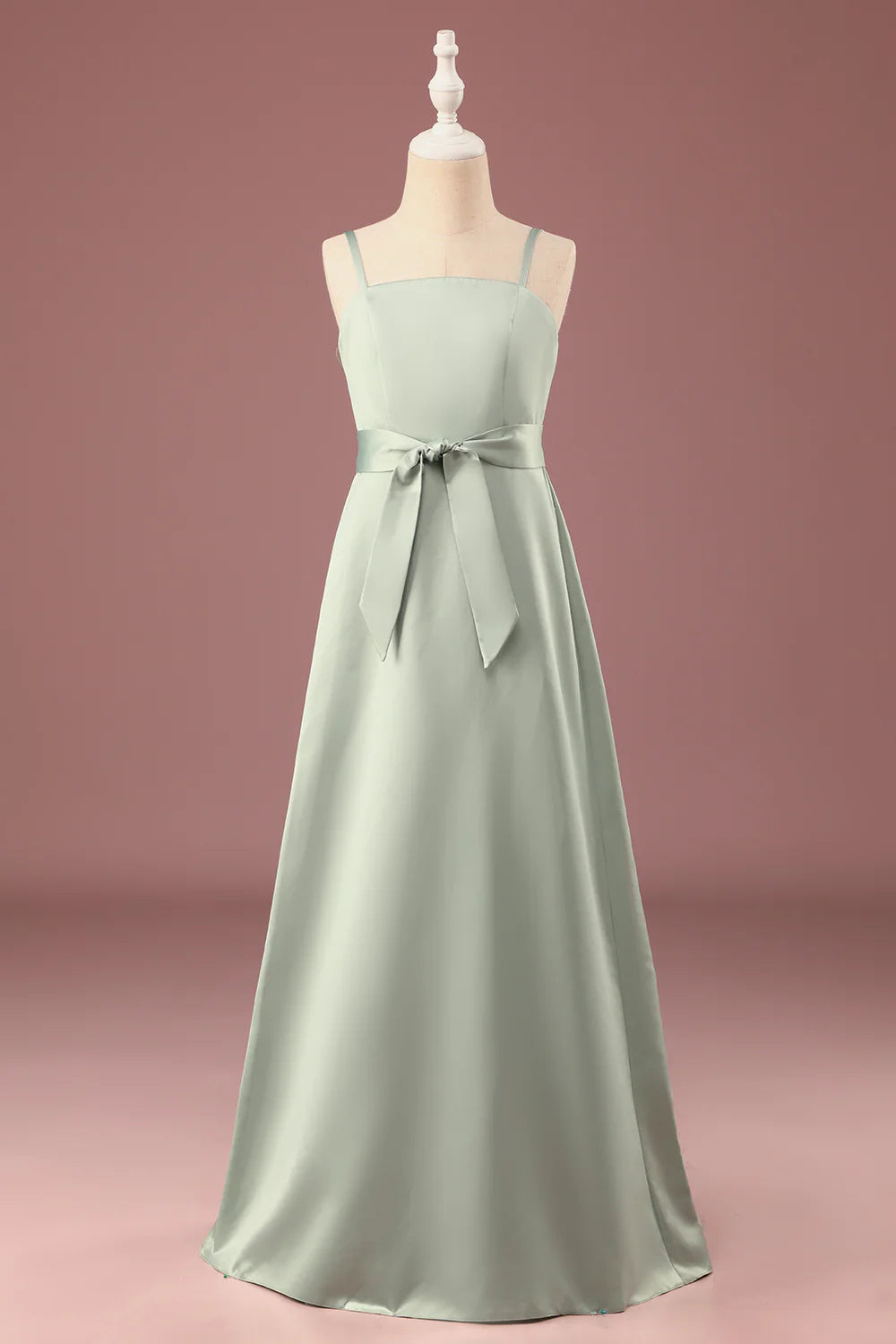 Matcha A line Spaghetti Straps Long Satin Junior Bridesmaid Dress