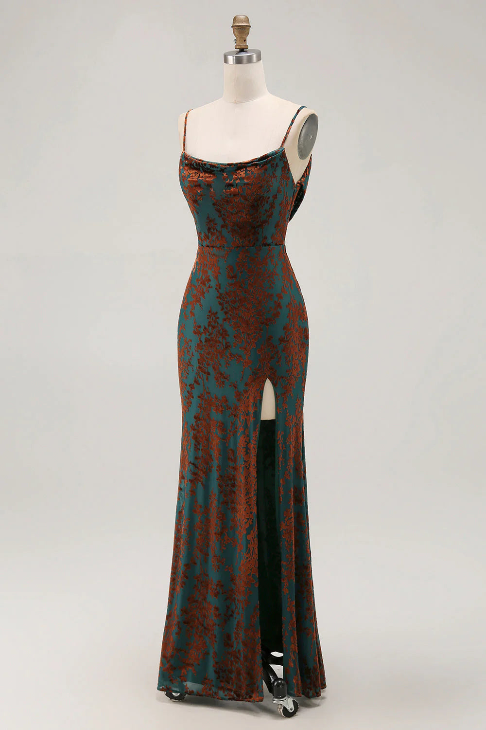 Dark Green Sheath Spaghetti Straps Long Burnout Velvet Dress with Slit