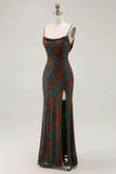 Dark Green Sheath Spaghetti Straps Long Burnout Velvet Dress with Slit