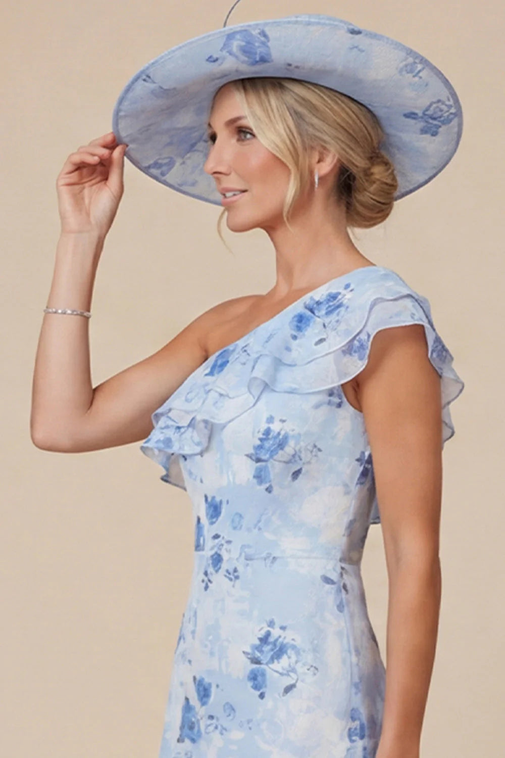 Light Blue Floral Mermaid Ruffled One Shoulder High Low Mother of the Bride Dress