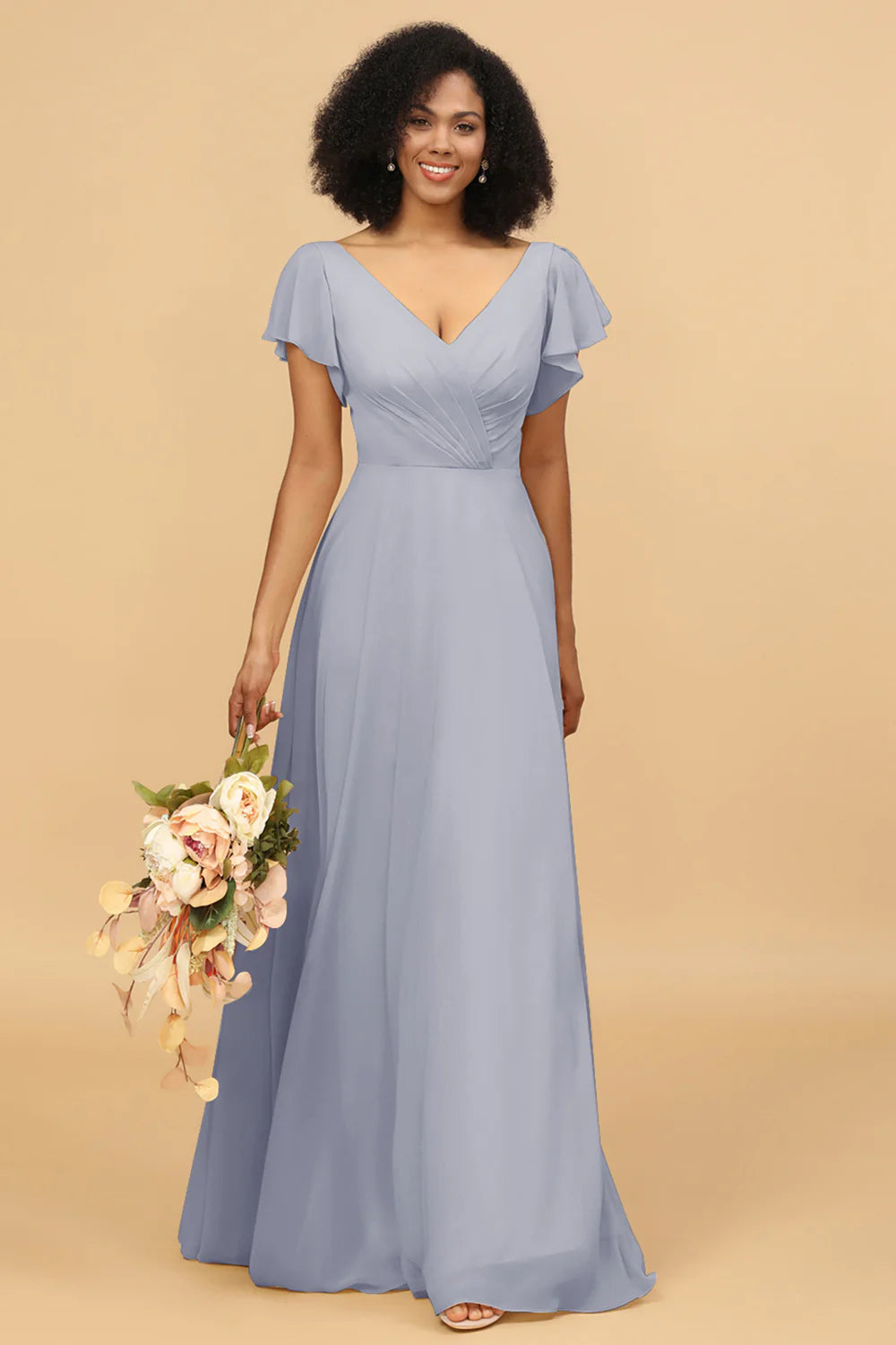 V Neck Cape Long Floor Length Chiffon Bridesmaid Dress