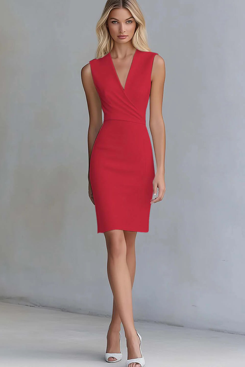 Ivory V Neck Bodycon Short Work Dress