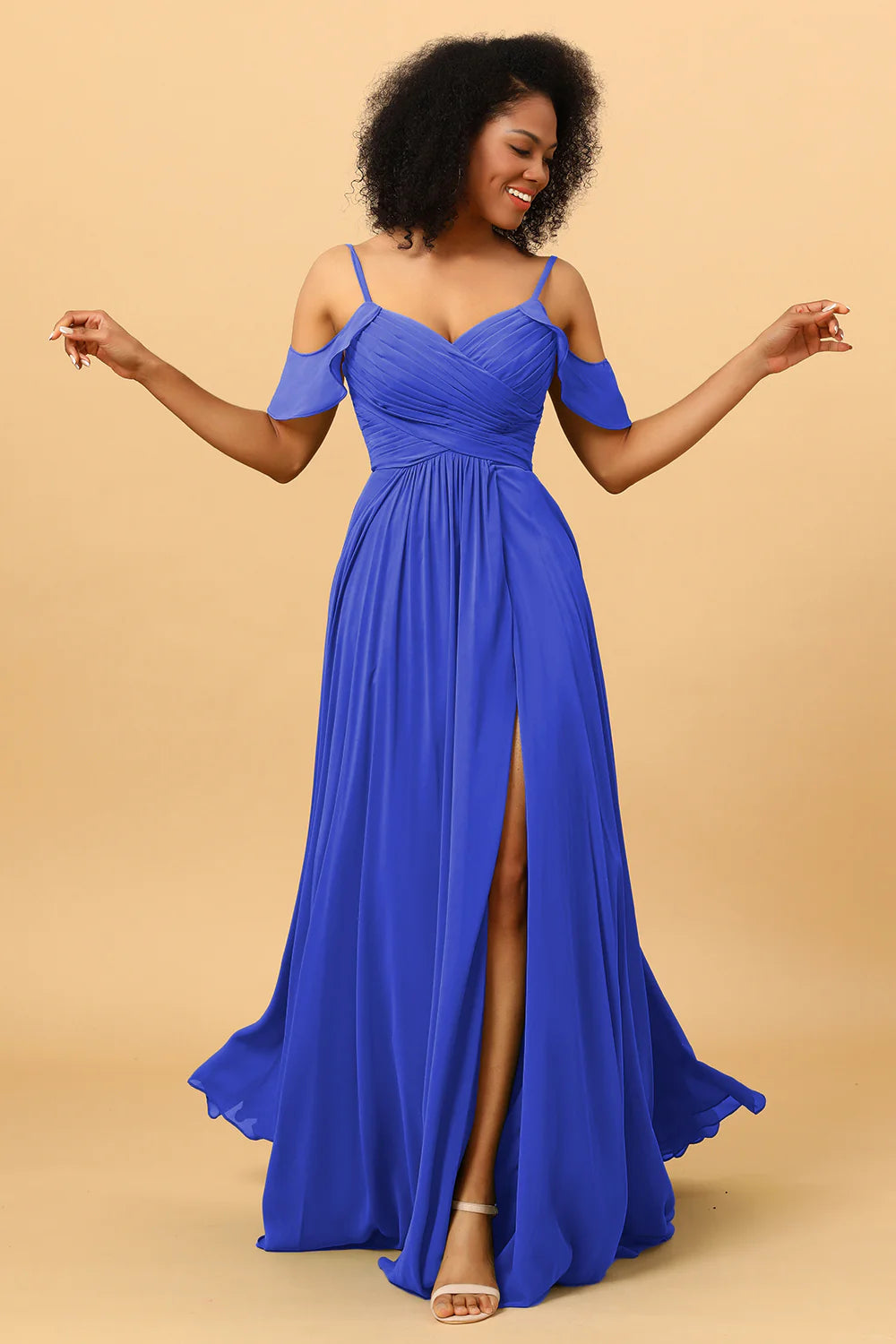 A Line Spaghetti Straps Long Chiffon Bridesmaid Dress With Slit