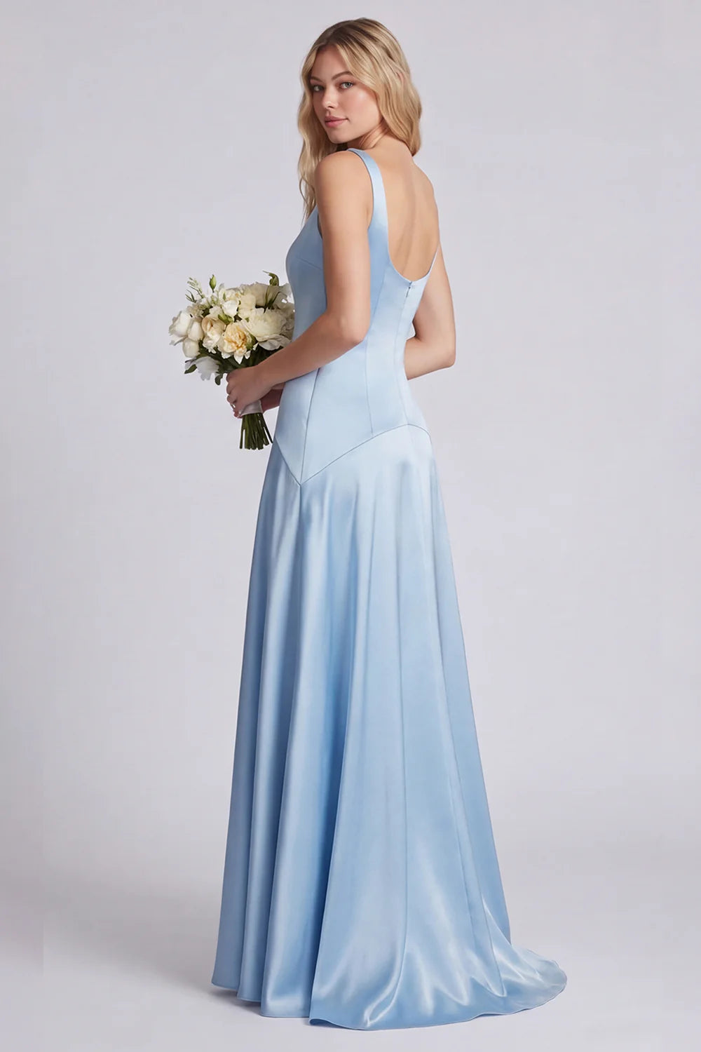 Eucalyptus Square Neck A Line Satin Long Bridesmaid Dress