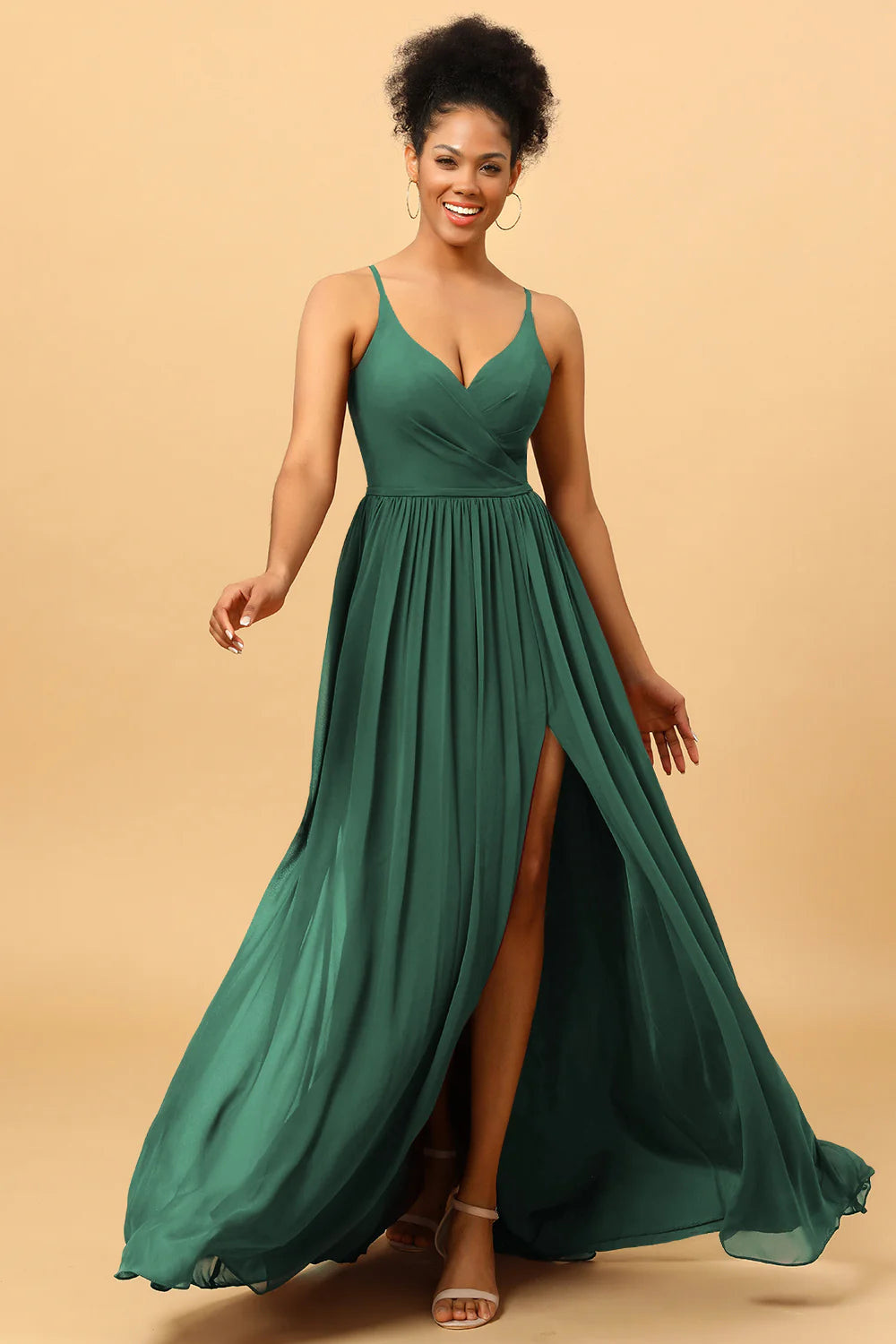 A Line Spaghetti Straps Ruched Long Chiffon Bridesmaid Dress with Slit