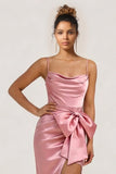 Blush Pink Mermaid Satin Bowed Long Bridesmaid Dress with Slit