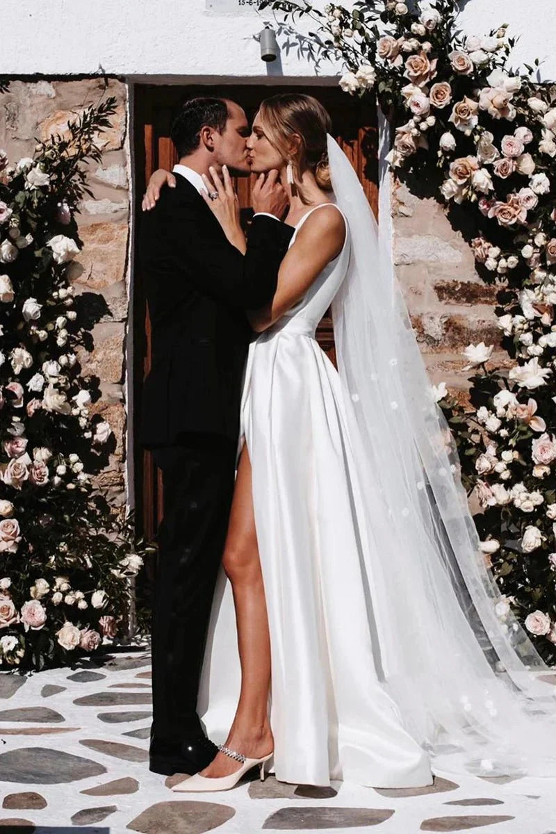 Attractive Deep V Neck White Satin Bohemian Wedding Dress
