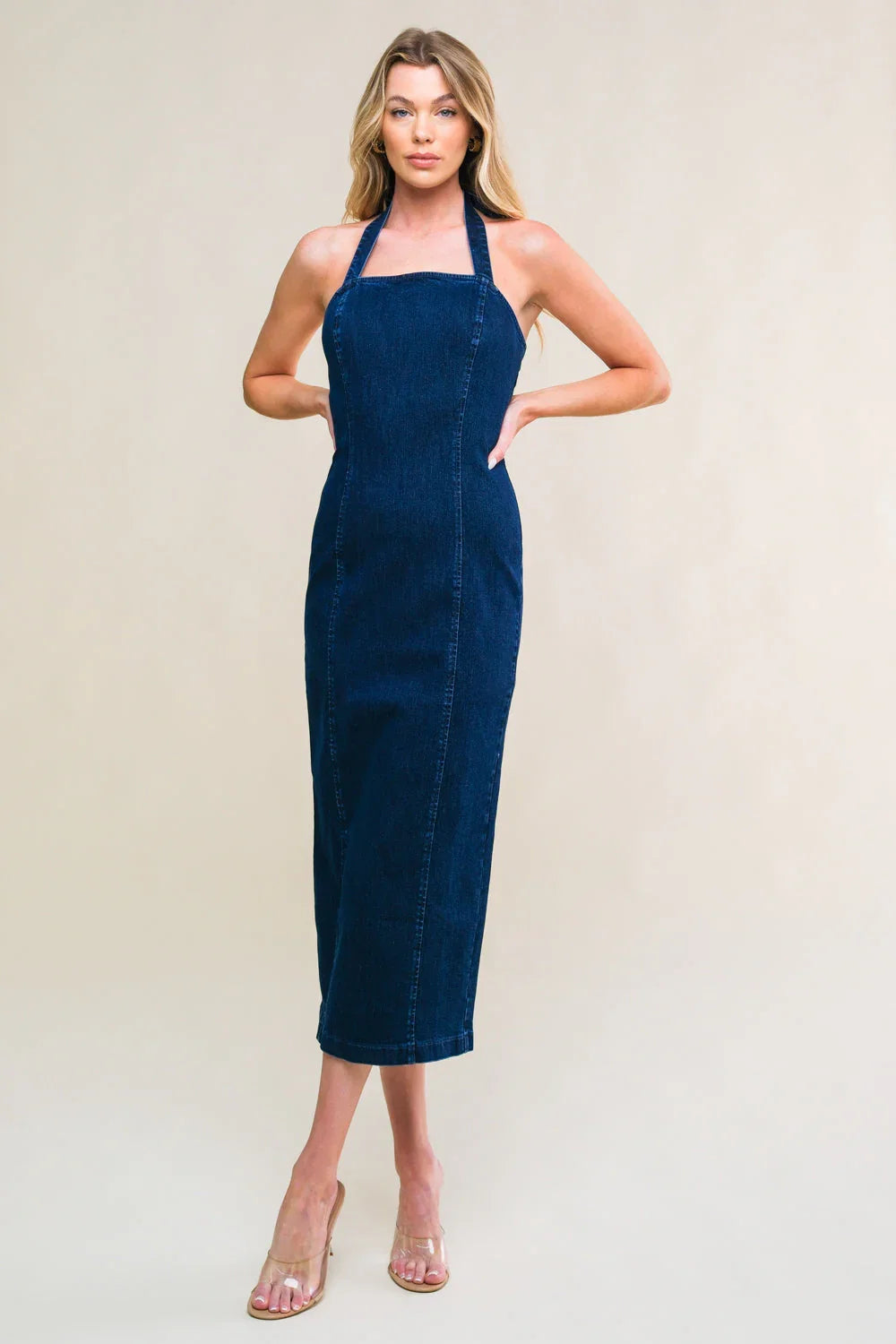 SO QUINTESSENTIAL BODYCON HALTER DENIM MIDI DRESS