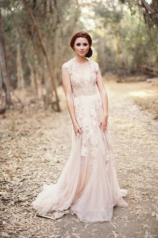 High Quality V neck Sleeveless Floor length Wedding Dress with Lace