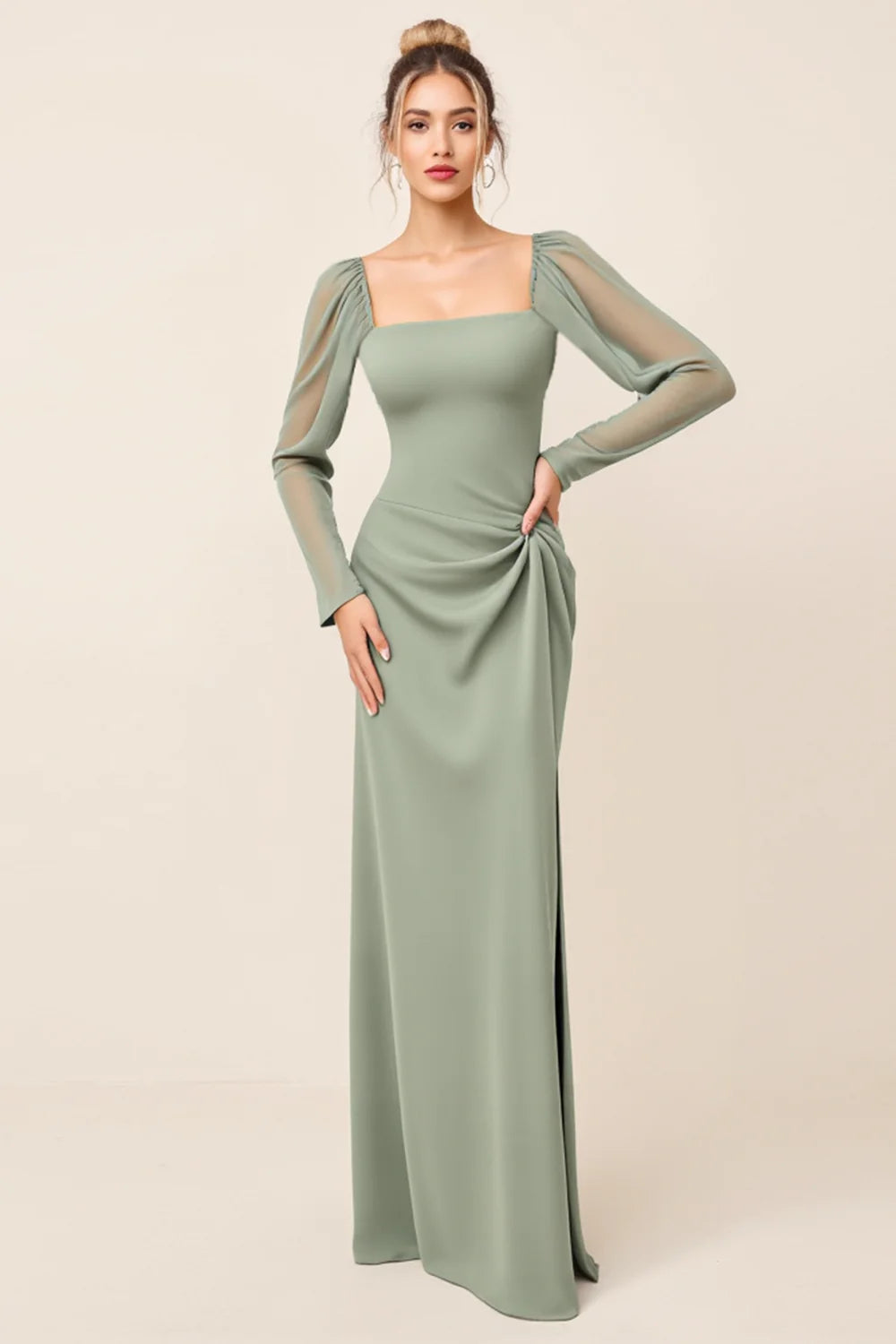 Eucalyptus Sheath Square Neck Long Sleeves Long Bridesmaid Dress