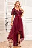 Burgundy A Line High Low Formal Dress with Sequins