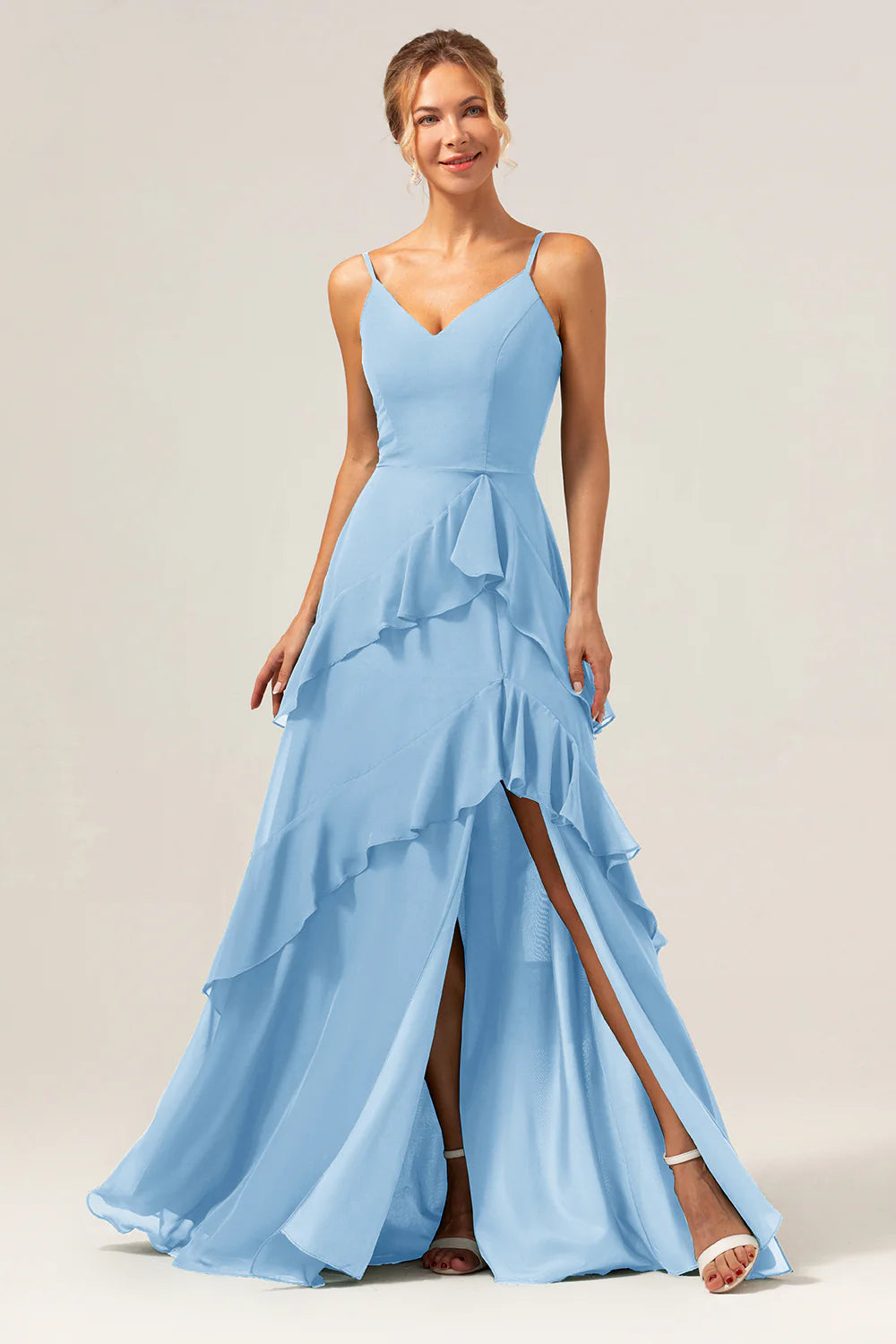 Dark Green A Line Spaghetti Straps Ruffled Chiffon Floor Length Bridesmaid Dress with Slit