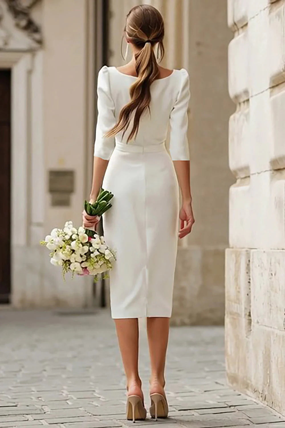 Sheath Ivory Square Neck Midi Rehearsal Dinner Dress with Slit
