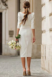 Sheath Ivory Square Neck Midi Rehearsal Dinner Dress with Slit