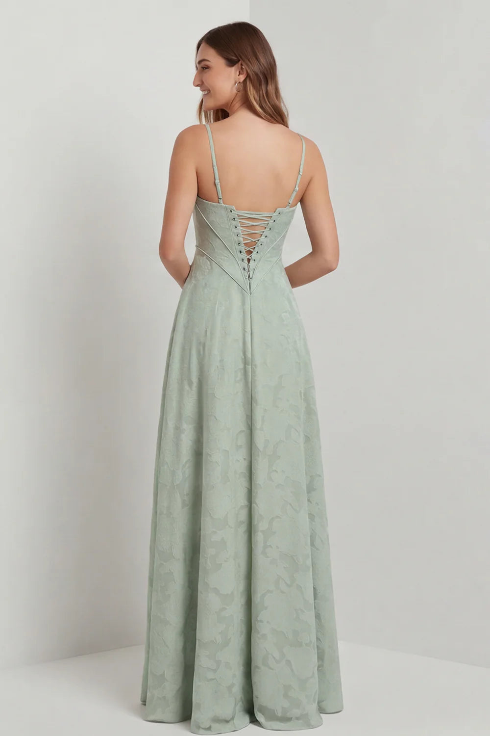 Sage Green A Line Spaghetti Straps Floral Burnout Bridesmaid Dress