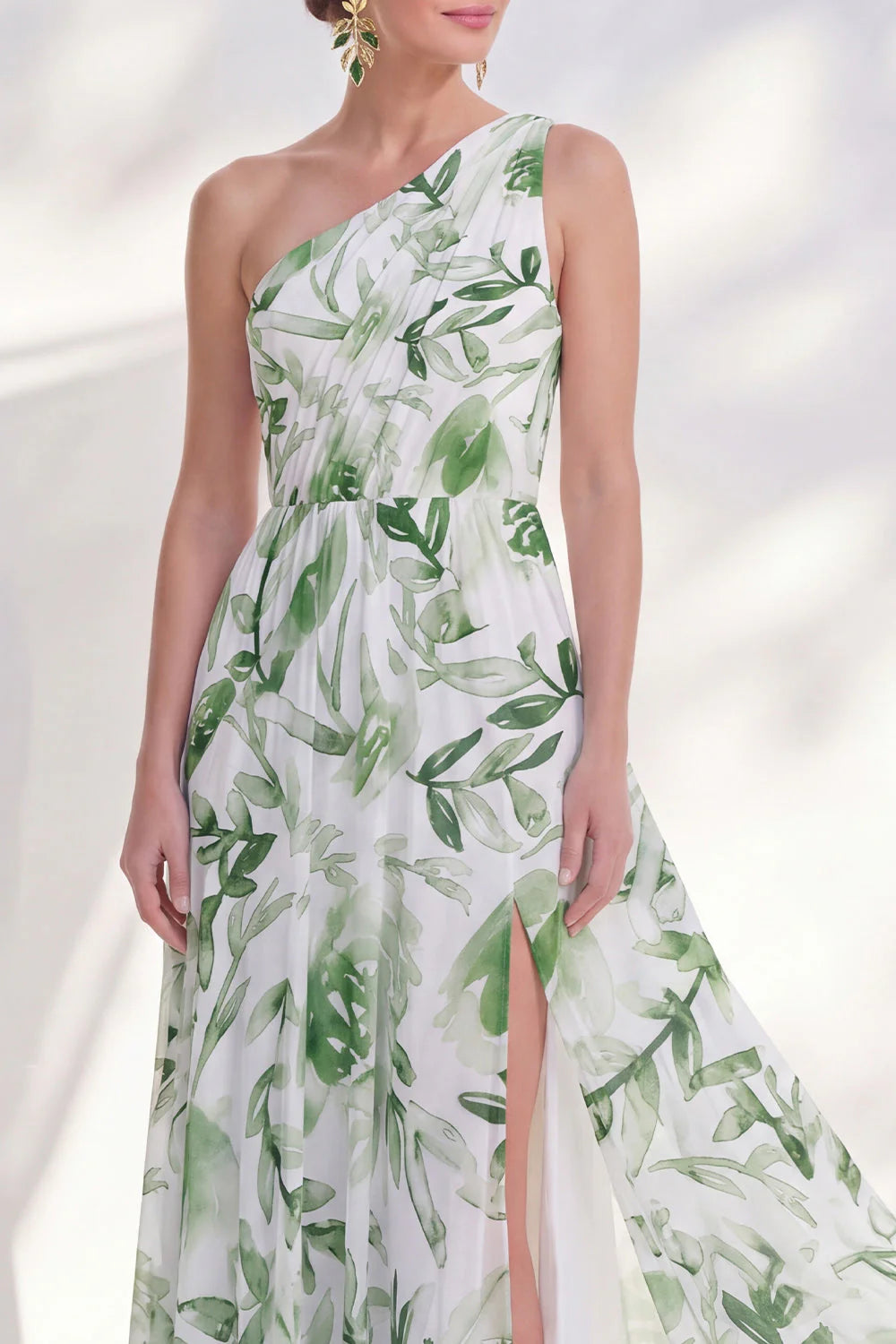 One Shoulder Printed Green Mother of the Bride Dress with Slit