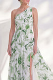 One Shoulder Printed Green Mother of the Bride Dress with Slit